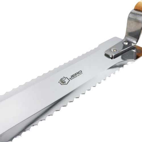 Нож для распечатывания рамок JERO с серрейторной заточкой и загнутым концом, длина лезвия 280 мм, ширина 48 мм